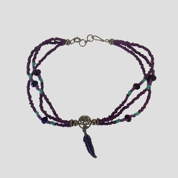 BOHEMIAN HANDMADE ANKLET PURPLE BEADS WITH FEATHER CHARM MULTICOLOR - Picture 9 of 10